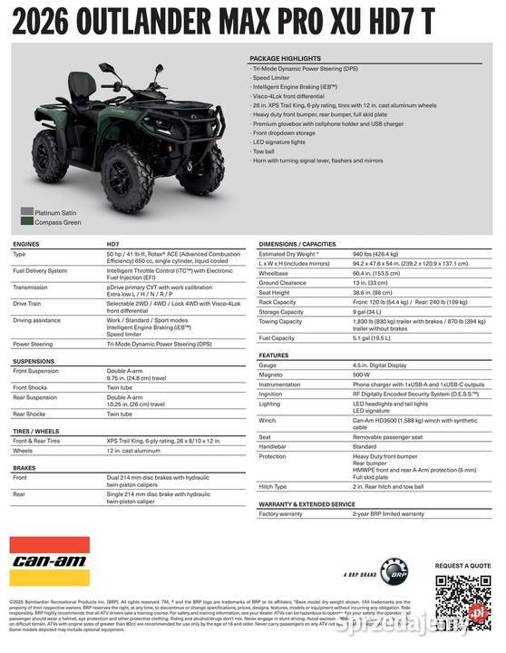 CanAm Outlander Pro Xu HD7 T 2BTA T3a 2026 quad sprzedam