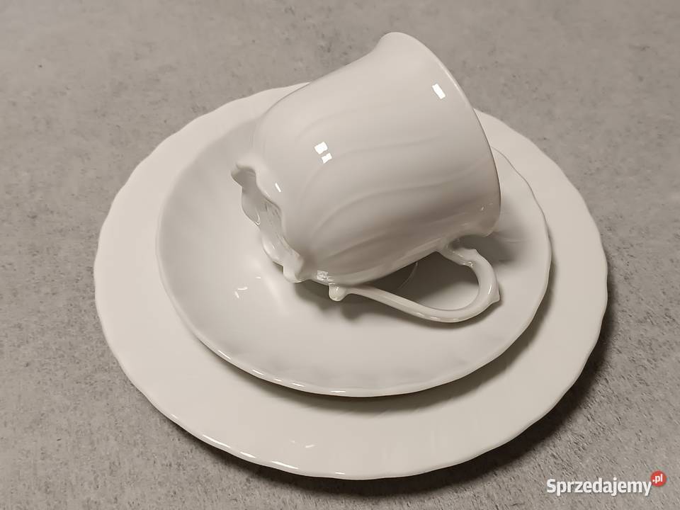 SELTMANN Weiden Białe Reliefowe Trio Śniadaniowe Porcelana i szkło Augustów