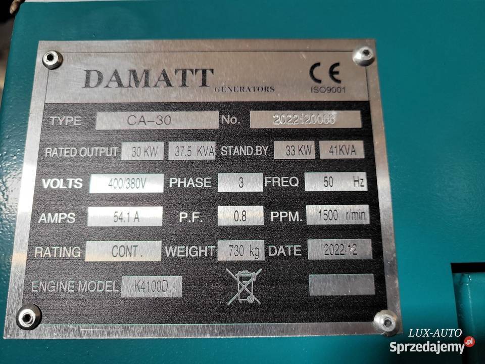 Agregat generator DAMATT CA30 41 kVA Silent Zaklików sprzedam