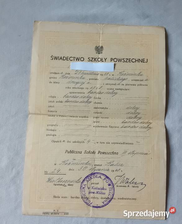 Świadectwo I półrocze klasy 2 szkoły powszechnej Koźminek