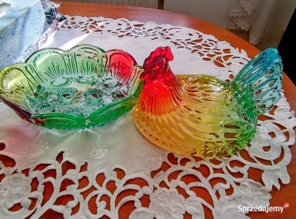 Szklana kolorowa kura Porcelana i szkło