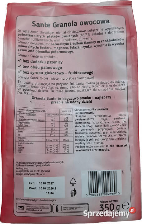 Granola z owocami truskawka żurawina wiśnia 350g śląskie Czeladź