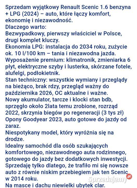 Renault Scenic 16 benzyna gaz wyjątkowy benzyna+LPG sprzedam