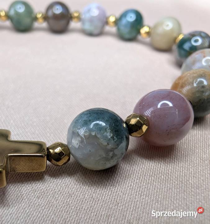 Bransoletka różaniec kamienie agat krzyżyk Bransoletki