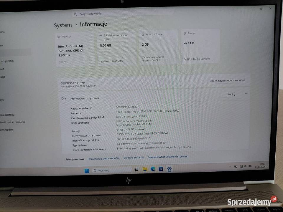 HP elitebook g7 intel core i5 8GB ram dysk 500GB Tereszpol-Zaorenda
