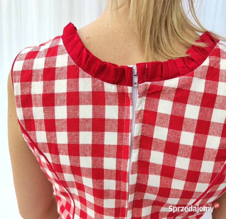 Krótka sukienka folk etno drindl czerwona kratka Szczecin