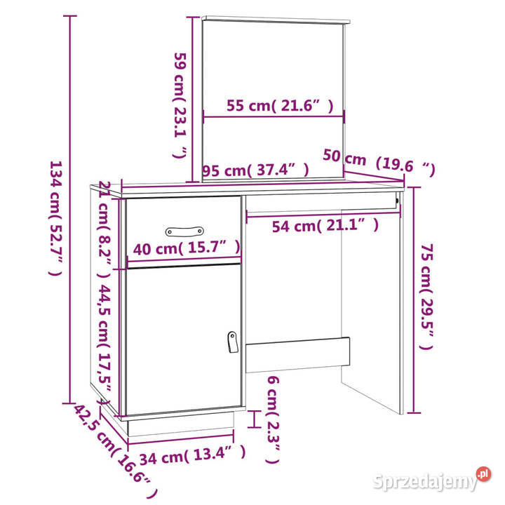 Toaletka biała 95x50x134 lite drewno sosnowe mazowieckie