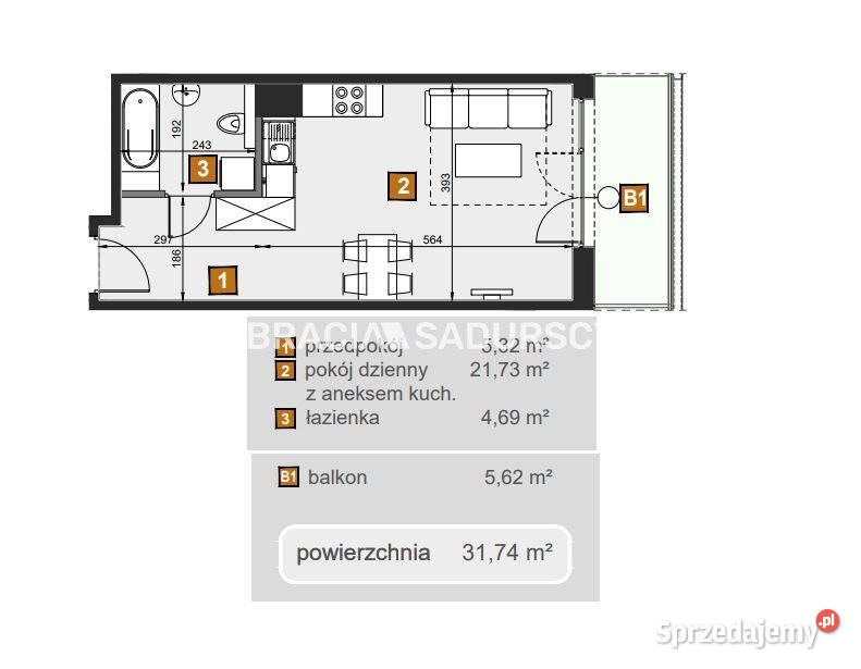 Sprzedam mieszkanie 3174m2 1 pokój Kraków 31.74m2