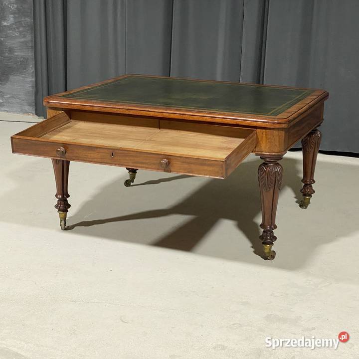 Antyczne biurko stół orzech skóra Anglia XIX w Budno