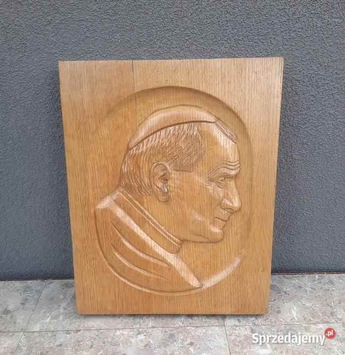 Relief płaskorzeźba drewno dąb Papież Jan Paweł