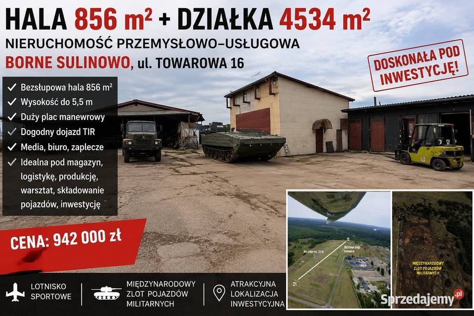 Hala hangar 856 m lotnisku i Międzynarodowym zachodniopomorskie Borne Sulinowo sprzedam