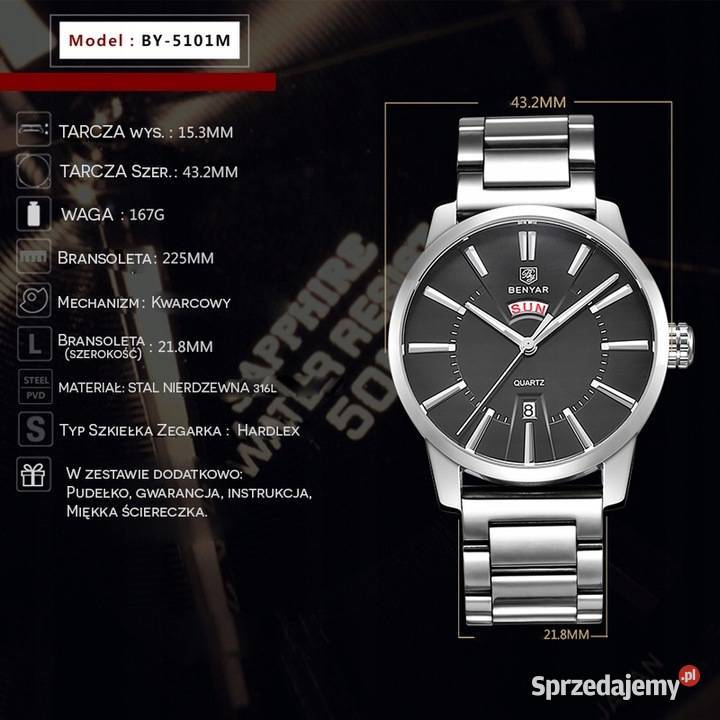 Zegarek Benyar Męski Bransoleta Srebrna mazowieckie Warszawa
