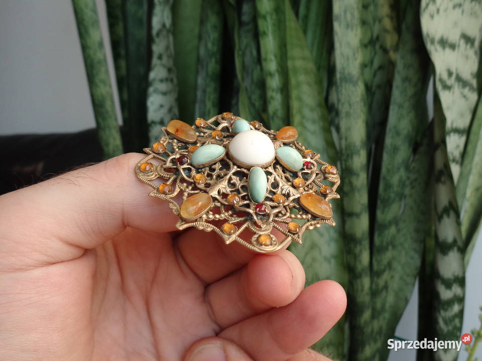 Stara broszka granaty korale bursztyny Brzeg