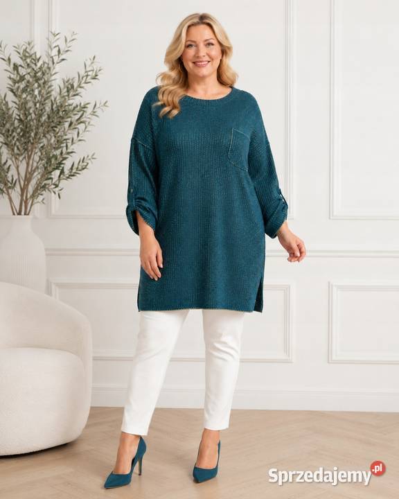 Stylowy sweter Oversize turkusowy ze złotą nitką Pątnów