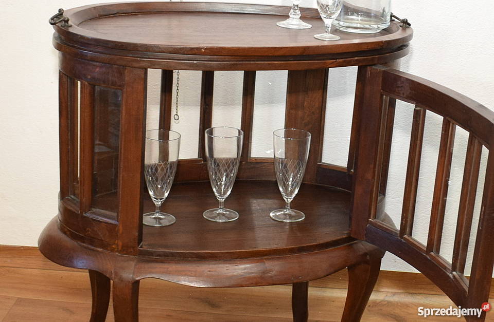 Kolonialny barek tekowy szafka z tacą stolik tek Świdnica