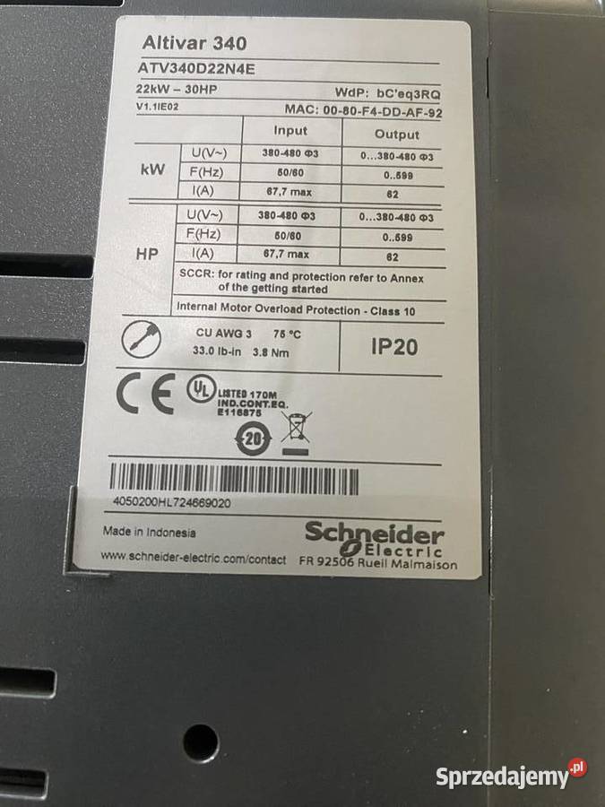Falownik SCHNEIDER ALTIVAR 340 22KW ATV340D22N4E Pozostałe sprzedam