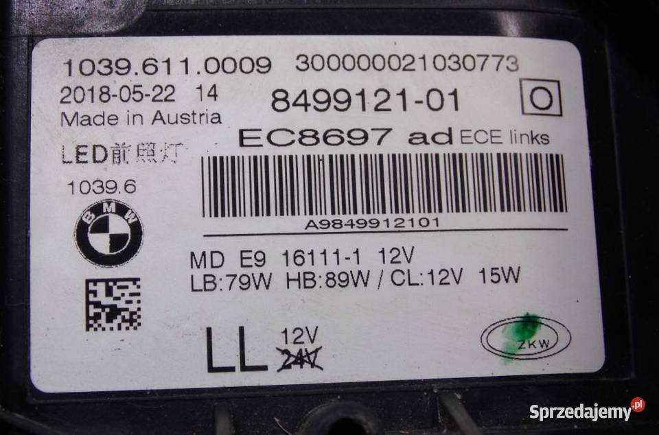Lampa reflektor lewy przód BMW 5 G30 G31 osobowe Lampy przednie Biała Nyska