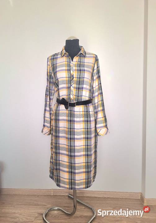 Śliczna damska sukienka w kratkę długi rękaw fioletowy Spódnice i sukienki małopolskie