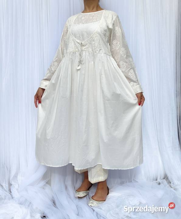 Biała orientalna sukienka XL 42 bawełna haft