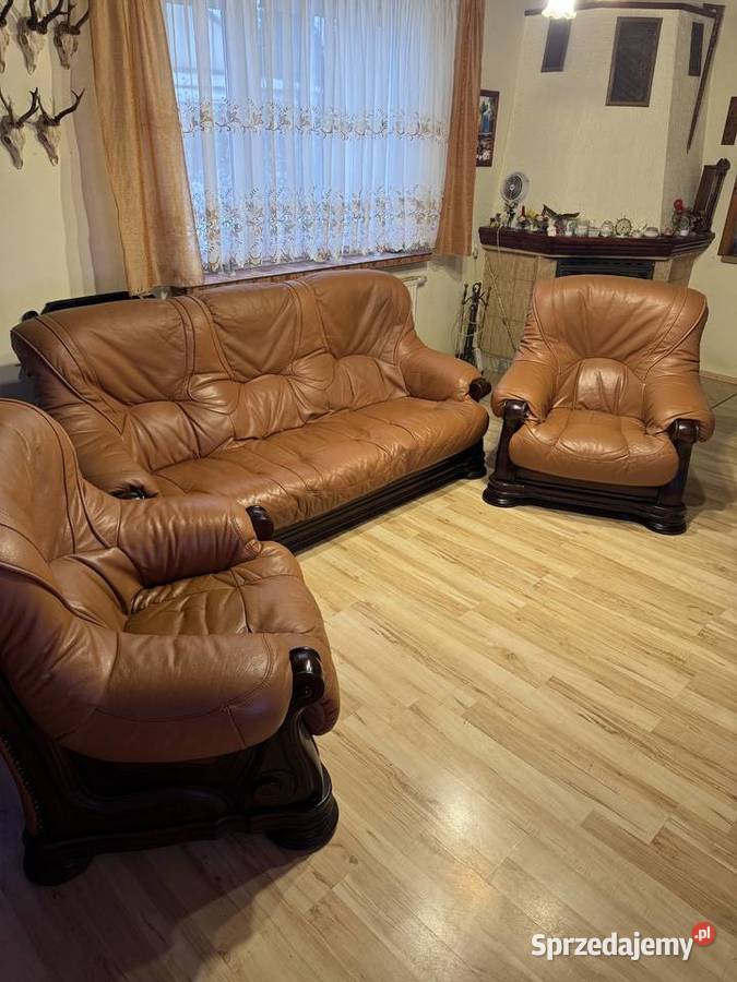 Komplet skorzany wypoczynkowy kanapa i 2 fotele Ksawerów sprzedam
