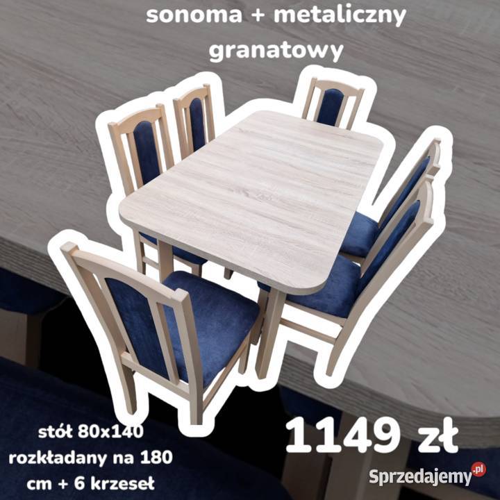 Nowe: Stół 80x140/180 + 6 krzeseł, SONOMA + METALICZNY GRANA