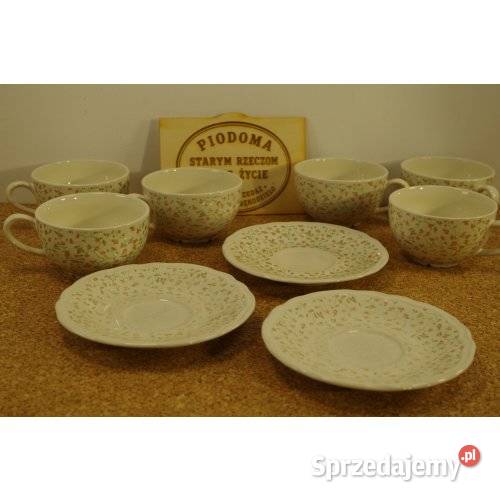 Komplet 6 filiżanek z 3 spodkami Różane Gałązki Porcelana i szkło