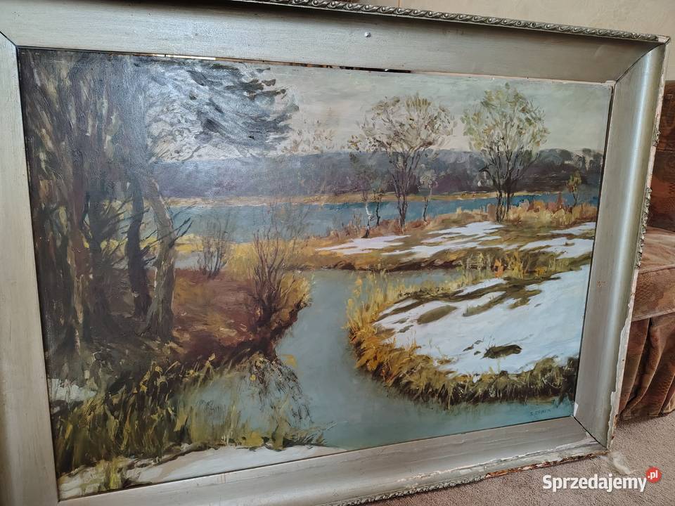 Stary obraz olejny Zimowe roztopy pomorskie Kartuzy