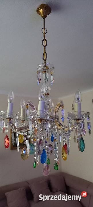 Szklany sześcioramienny żyrandol z kolorowymi łódzkie Skierniewice