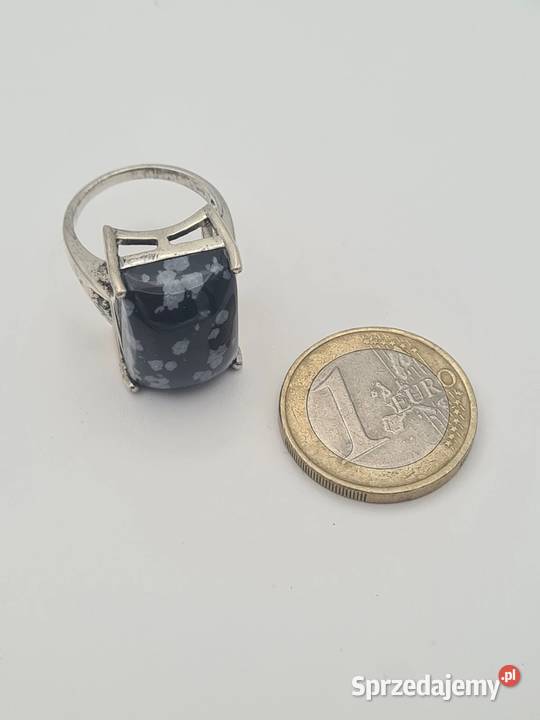 Pierścionek srebro 925 z obsydianem śnieżnym i Szczecin