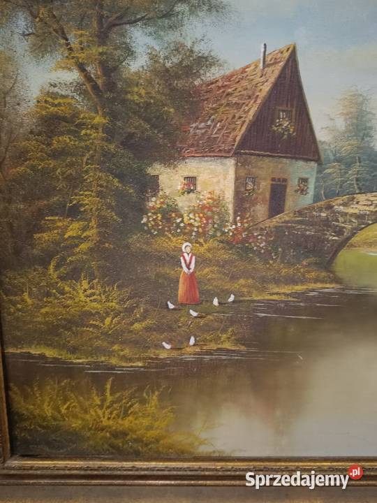 Stary duży obraz na płótnie Pejzaż z mostkiem sprzedam