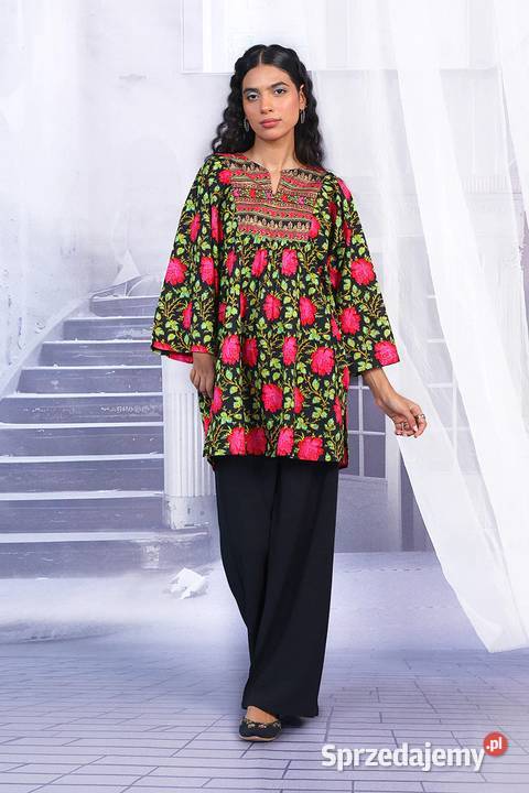 Czarna tunika folk XXL 44 bawełna kwiaty róże Topy i koszulki Szczecin