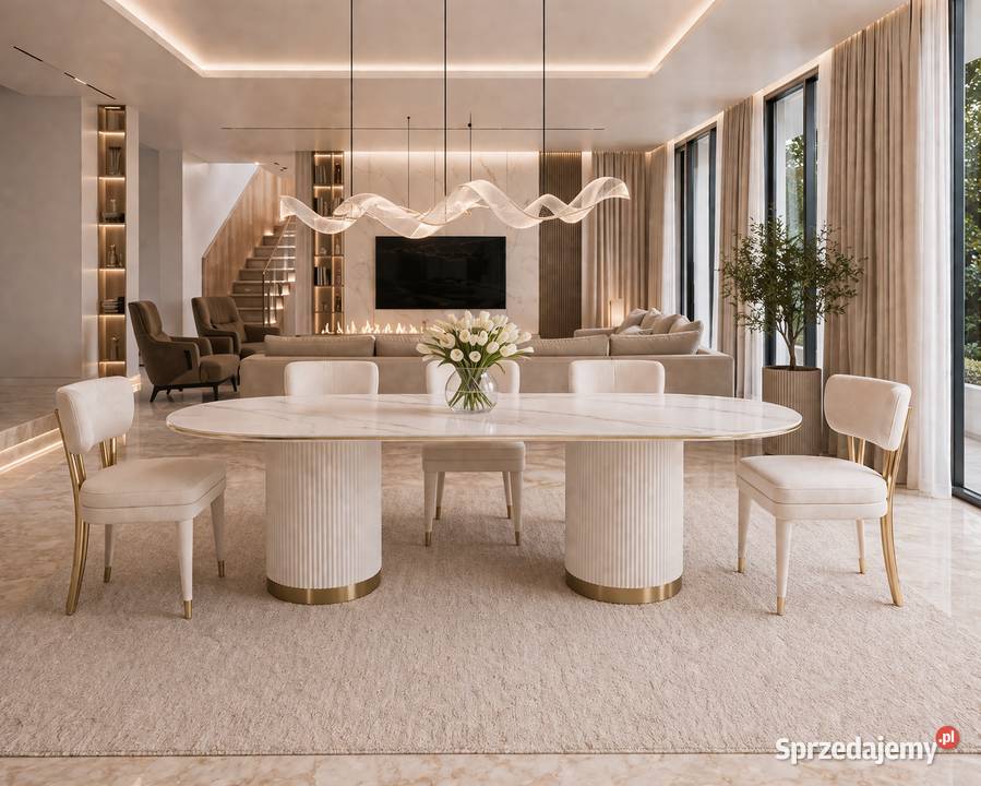 Stół owalny ryflowany 180x90 ecru marmurowy blat Meble Golkowice sprzedam