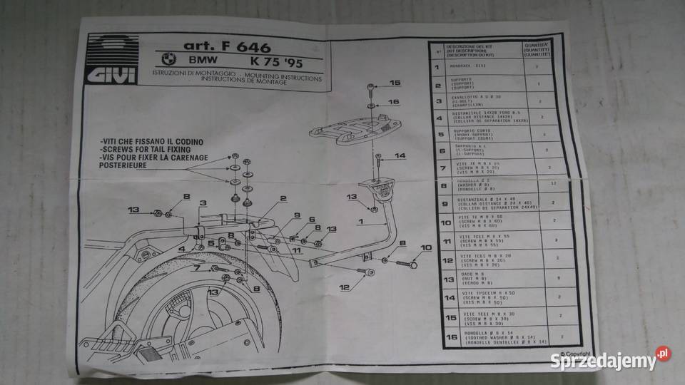 BAGAŻNIK STELAŻ MOCOWANIE PŁYTY GIVI F646 BMW K podlaskie Bielsk Podlaski
