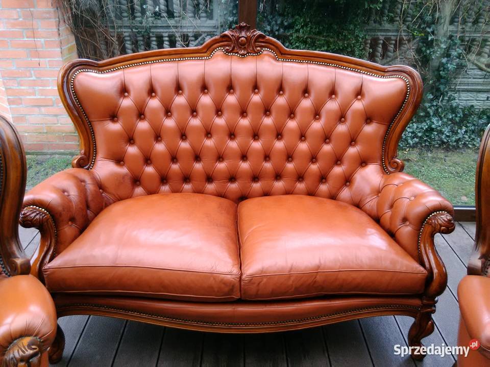 Sofa LUDWIK 2osobRzeźbiona Skóra Antyk Stan Meble łódzkie