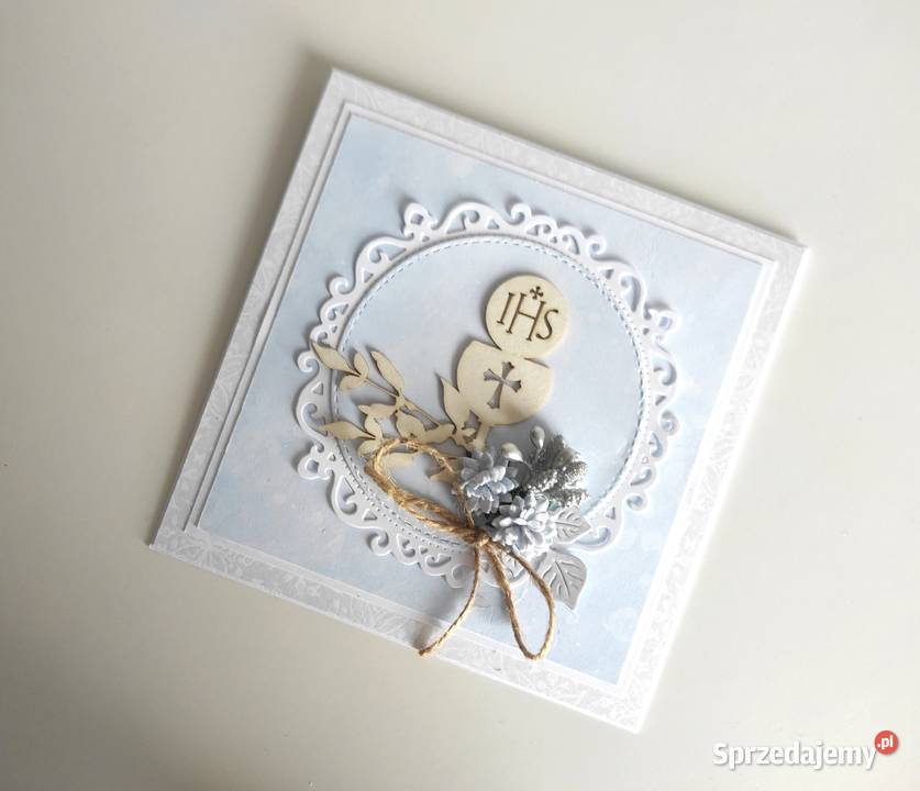 Kartka ręcznie robiona Komunia Święta niebieska