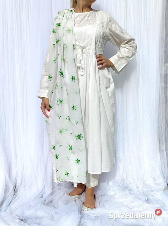 Duża chusta szal dupatta haftowana biała bawełna Pozostałe Szczecin