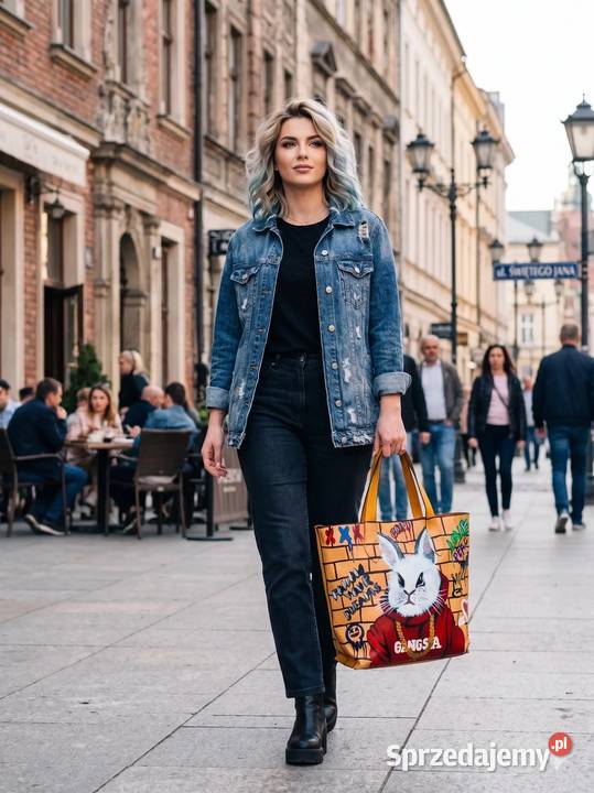 Duża torba szoperka ręcznie malowana stan niebieski Warszawa