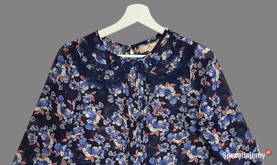 Damska bluzka granatowa w kwiaty z krótkim Bluzki i koszule Chrzanów