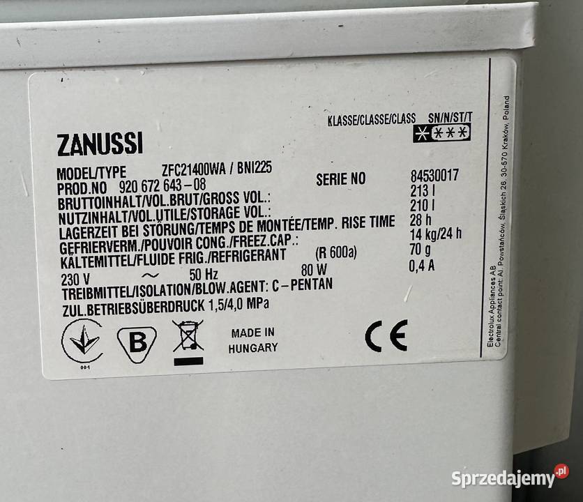 Zamrażarka gastronomiczna skrzyniowa Zanussi wielkopolskie Słupia Kapitulna