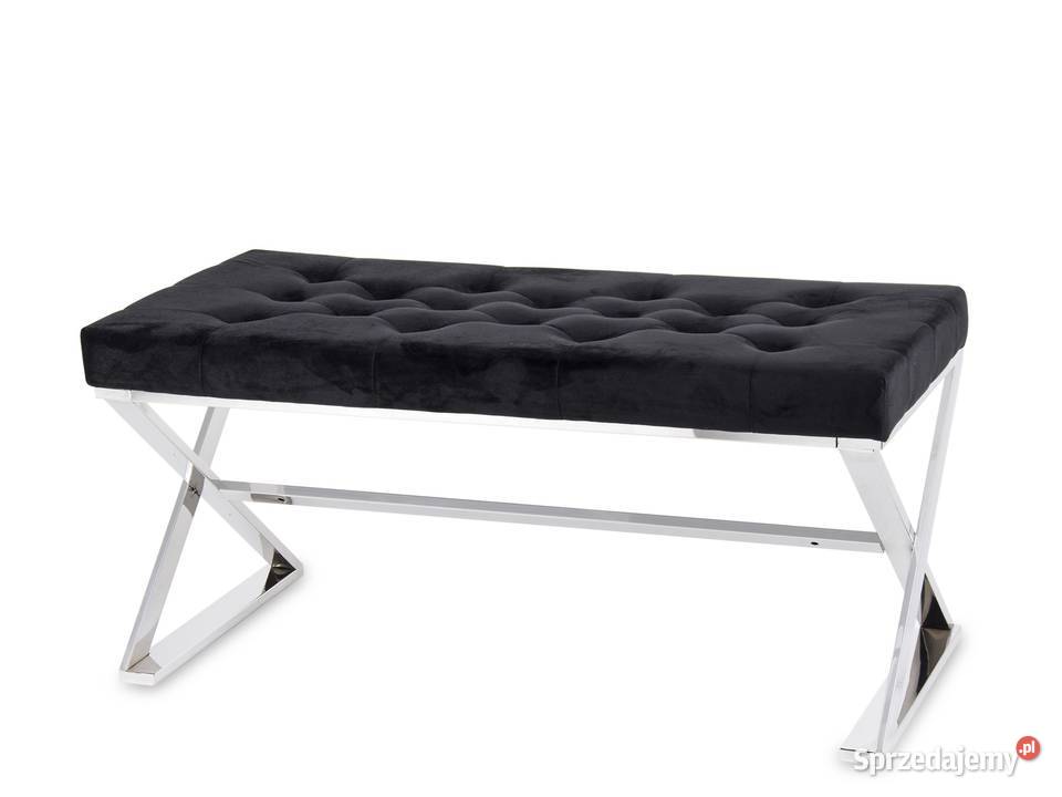Czarne pikowane siedzisko ławka puf srebrne nóżki
