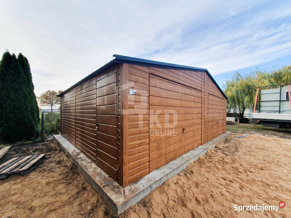 Garaż Blaszany 75x6 2x Brama okno jasny orzech Nowogard