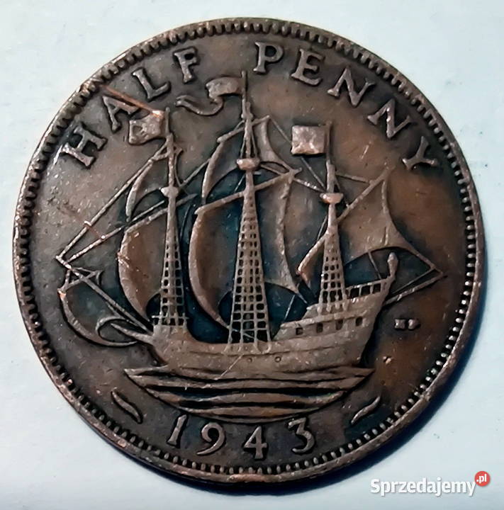 1943 UK Great Britain British Half 1/2 Penny Warship