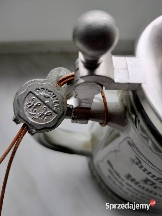 Duży kufel gliniany z deklem z cyny Jerz Choszczno