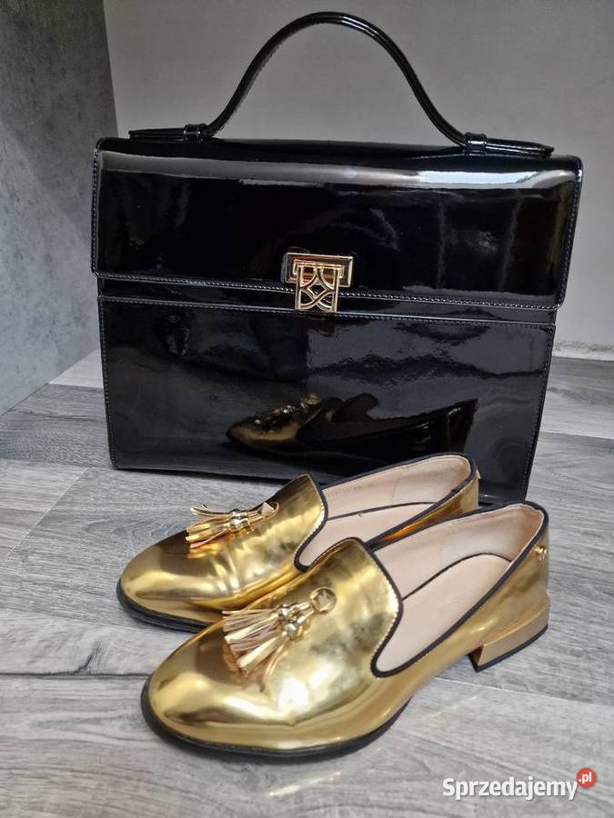 Mokasyny złote skóra lakier Kazar 36 23cm śląskie