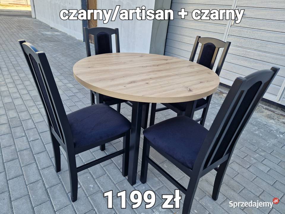 Nowe: Stół okrągły + 4 krzesła, czarny/blat artisan, transPL
