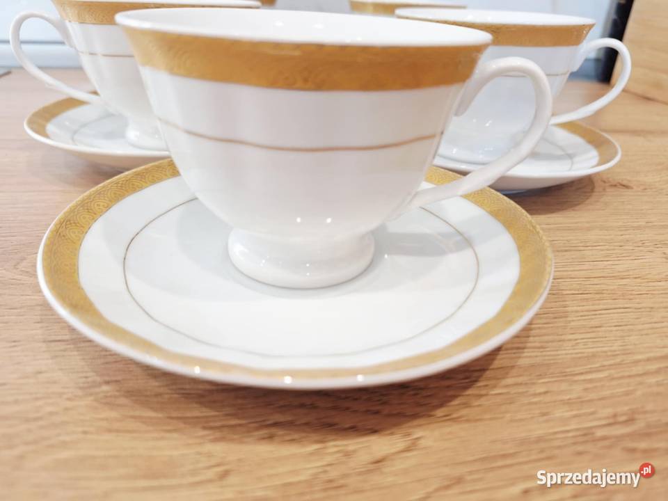 Zestaw 5 osob filiżanki porcelana 24 karaty gold Braniewo
