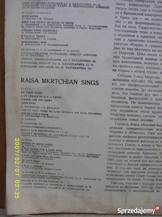 Klasyczna LP RAISA MKRTCHIAN SINGS MY FRIST WORD Płyty i kasety Wołów