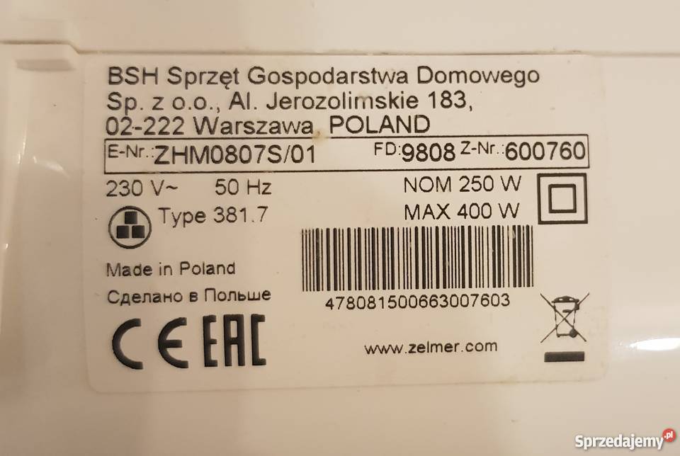 Mikser ZELMER MIX ROBI 3817 akcesoria Pabianice sprzedam