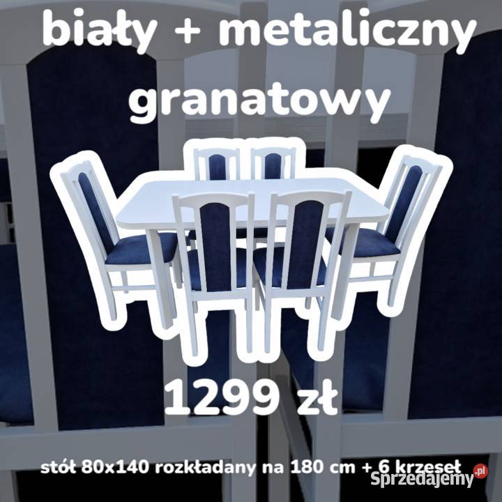 Nowe: Stół 80x140/180 + 6 krzeseł, BIAŁY + METALICZNY GRANAT