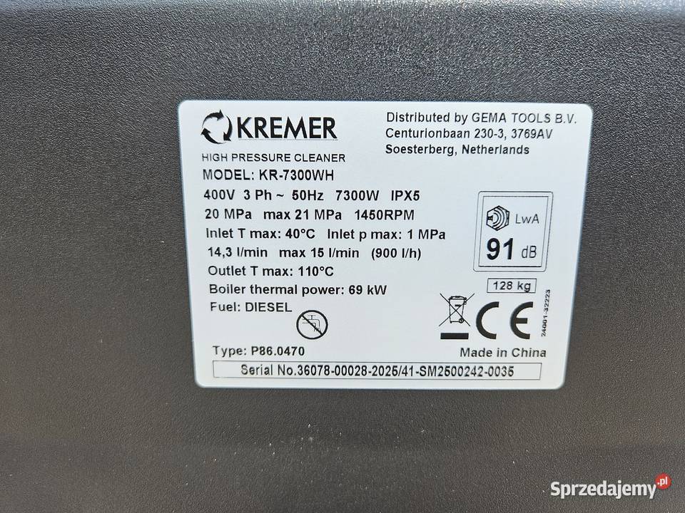 Myjka ciśnieniowa na gorącą wodę Kremer 7300WH Proszowice